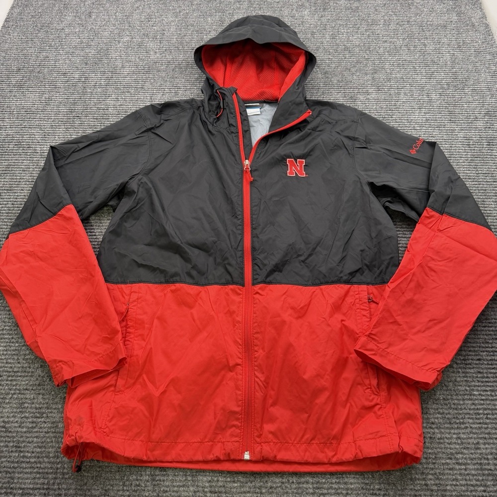 Nebraska Huskers Columbia Full Zip Hooded‎ Windbreaker Jacket Men's Medium Rain